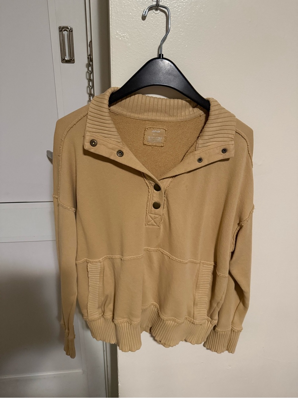 aerie Tan Snap-Front Cowl Pullover Sweater